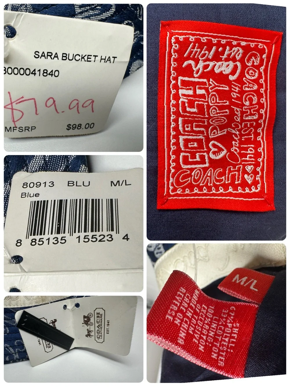 Coach Y2K Poppy Blue Graffiti Script  Story Patch Sara Bucket M/L Hat 80913 NWT